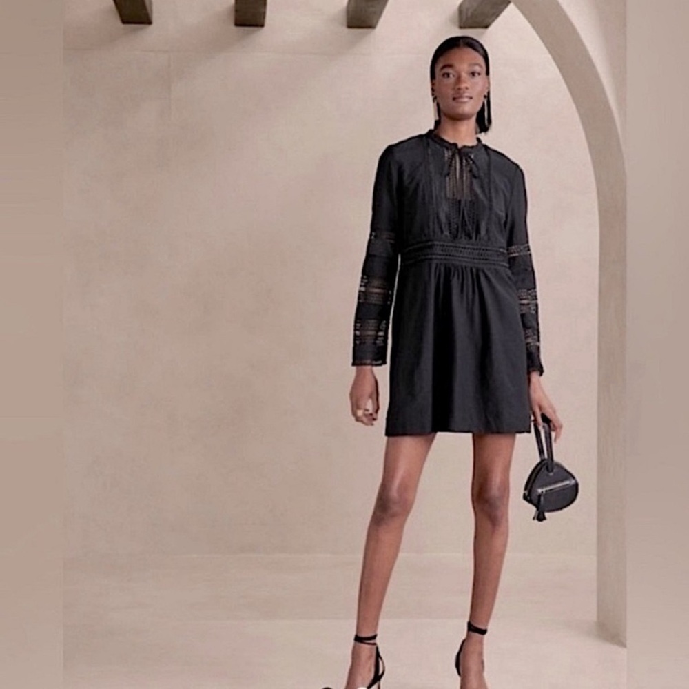 Banana Republic Black Linen eyelet Long Sleeve Dress NWT